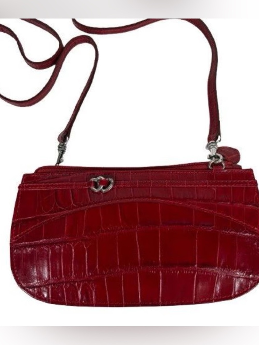 Brighton red embossed croc-effect leather crossbody bag silver-tone hardware